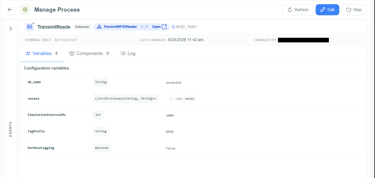Manage Process page with the Refresh, Edit, and Stop buttons, the template link, and the Variables, Components, and Log tabs